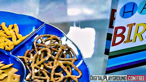 Birthday party snacks platter with pretzels in playful adult video setup