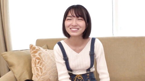 Smiling Asian beauty in white sweater and blue overalls, JAV squirting tease