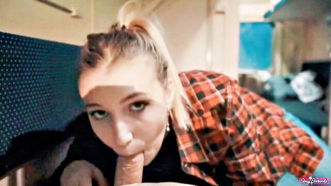 Blonde ponytail babe sucks thick cock lips wrapped tight in train bunk POV