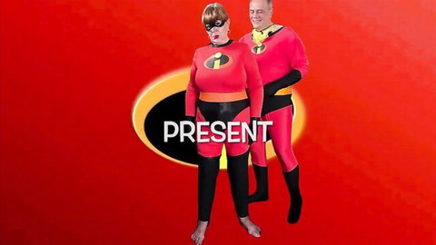 Carmen Angel as Elastigranny in superhero cosplay with dildo orgasm
