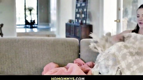 Syren De Mer, Alison Rey, Rachael Cavalli in lacy white dress on sofa
