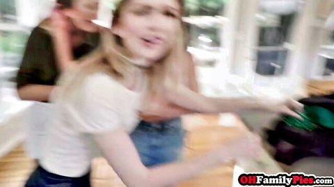Three hot blondes eagerly blowing one massive cock in steamy oral threesome