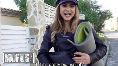 Bella Rico teases with massive dildo outside in leather jacket