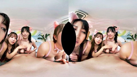 Three Japanese catgirls in pink lingerie posing intimately in VR group scene