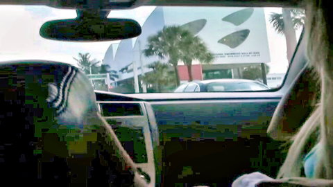 Eva Cruz blonde in car driving past dealership, teasing lesbian neighbor fantasy