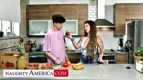 Indica Flower flirts in kitchen with friend's boyfriend, Naughty America