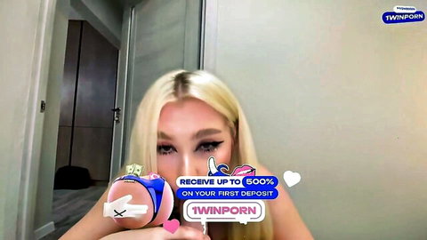 POV of slinky ash-blond wife teasing with blue sex toy