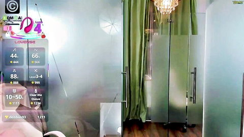 Empty webcam studio room with green curtains, frosted glass doors, chandelier for live adult shows