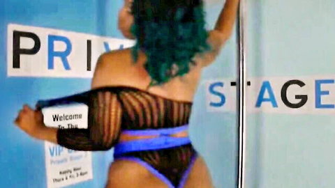 Green-haired ebony stripper with big juicy ass teases on VIP private stage pole in sexy thong lingerie