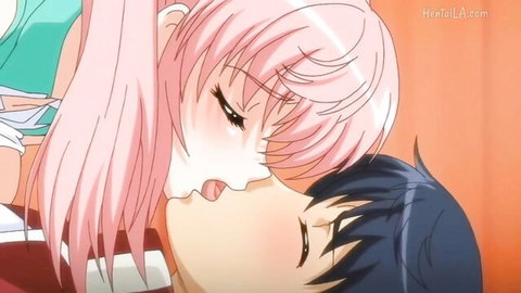Pink-haired anime hentai babe with big tits passionately French kissing guy with tongues out