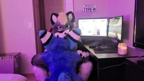 Furry gamer gets sucked off by cute blue wolf girl in return fuck