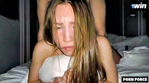Petite blonde teen screaming in ecstasy with distressed teary face during rough sex