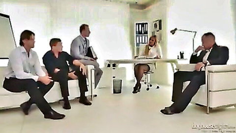 Blonde secretary in stockings surrounded by suited businessmen