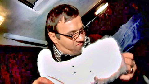 Suited man with glasses sniffs white fluffy fur in limousine