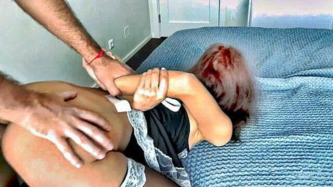 Petite redhead Squir7een in lace lingerie gets rough handled for creampie