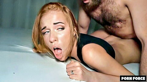 Redhead screaming in intense doggy style orgasm with bearded man