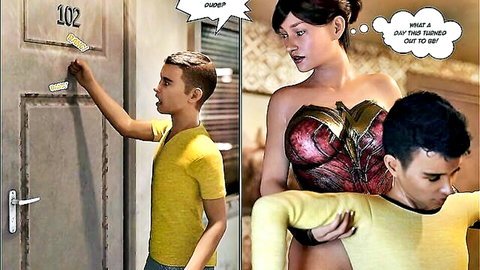 Wonder Woman cosplay babe with exposed tits grabbed by guy as another knocks at door