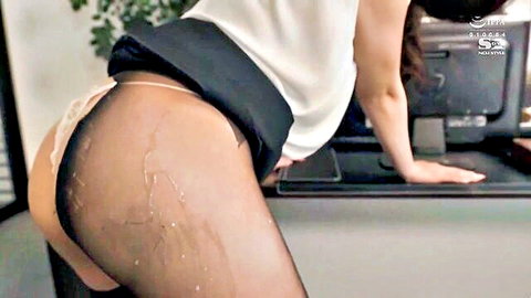 Brunette secretary bent over office desk with cum dripping down her exposed ass and black stockings