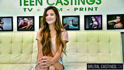 Smiling brunette teen babe in tight shorts on brutal castings couch teasing for rough sex