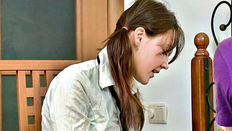 Teenage Xenia E leaning in white shirt and ponytail, intimate couple scene