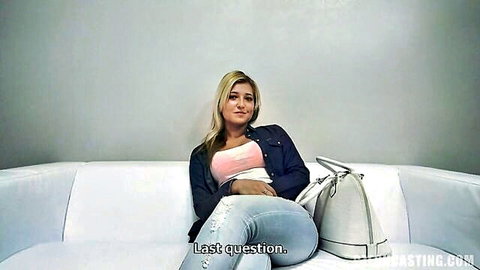 Blonde amateur with round ass in pink top and tight jeans teasing seductively