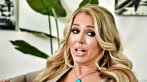 Alura Jenson blonde MILF stepmom in blazer, open-mouthed surprise