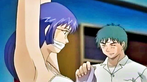 Anime purple-haired girl with glasses gagged by tape, groped by man in white dress