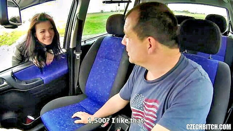 Czech brunette leans in car for kinky customer negotiation