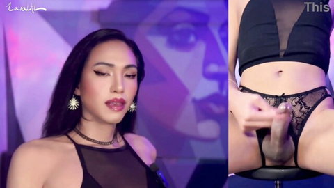 Petite Asian trans babe fingers dildo into her pussy through black lace panties