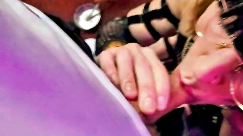 Busty Vanessa Barbie in S&M harness oral closeup