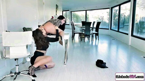 Lesbian employee fucks boss with strapon in doggy style
