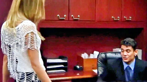 Blonde babe in sexy fringed open-back top teases suited man in office