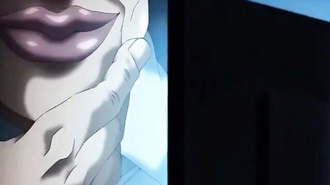 Hentai anime babe with glossy purple lips and gloved hand teasing her mouth for blowjob