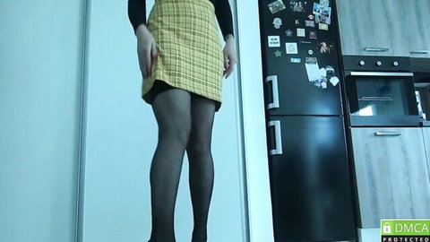 Slim woman in yellow plaid skirt and black stockings teasing ass homemade solo