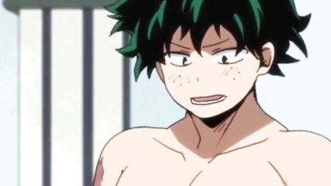Shirtless green-haired anime boy with freckles smirks intensely bare chest exposed