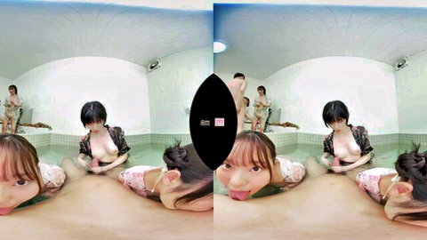 Asian women in steamy bathhouse lesbian oral group VR view