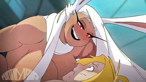 Muscular white rabbit-eared anthro embracing blonde femboy intimately in hentai