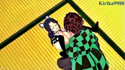 Kirika9988 as Shinobu Kochō in black stockings embraces Tanjiro Kamado from behind in Demon Slayer hentai