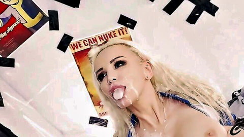 Blonde babe with endless cum flow on face and tongue out in bikini