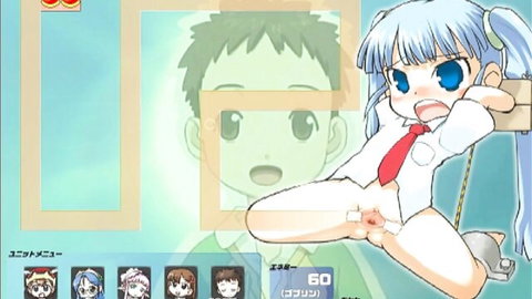 Blue-haired hentai schoolgirl squats exposing shaved pussy on boy's erect cock in mirror scene