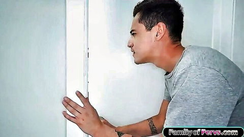 Young Latino guy in gray tee leaning on door, teasing black stepmom big tits suck scene