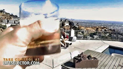 Busty blonde cougar in red dress on balcony, POV hand with drink, city view