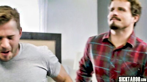 Young stud and bearded man with ecstatic open-mouth expressions during intense gay blowjob