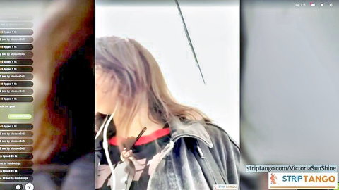 VictoriaSunShine sexy webcam chat on stripTango, long-haired model in leather jacket