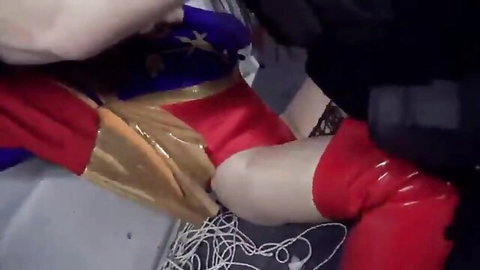 Superheroine in red-blue costume fucked doggy style by officer