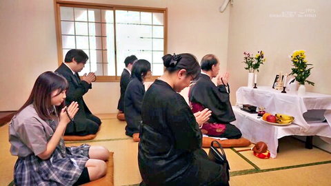 Japanese family in prayer at home altar, elegant women in kimono and school uniform JAV scene