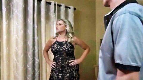 Blonde cougar in sexy lace dress teasing man