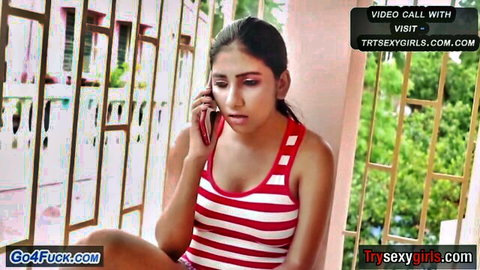 Indian girl in striped tank top on video call, teasing solo