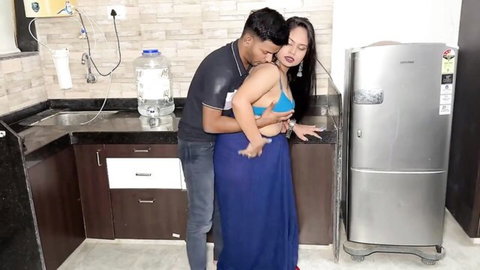 Exotic chubby Indian MILF in blue bra and skirt embraced from behind by lover