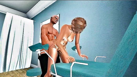 Muscular ebony man fucks blonde nurse doggy style in exam room